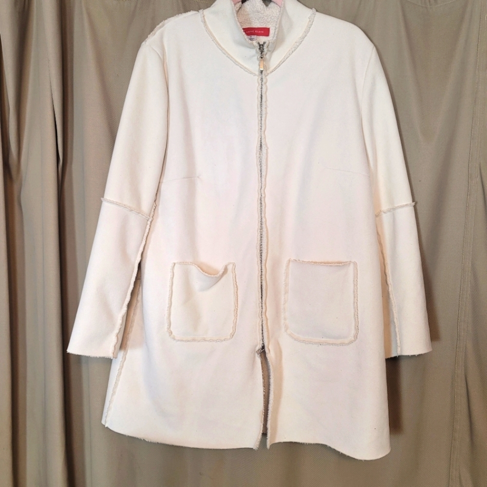 Anne Klein Sueded Sherling Lined & Trimmed Double Zip Long Jacket SZ 1X